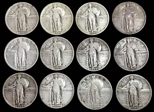 (12) 1926 1927 1928 1929 1929 S 1930 STANDING LIBERTY QUARTER 25C SLQ VF COINS