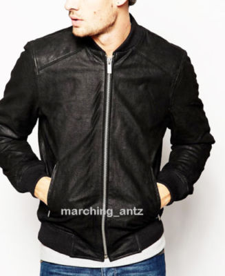 New Men Black Crackled Vintage Leather Varsity Bomber Classic Celebrity Jacket