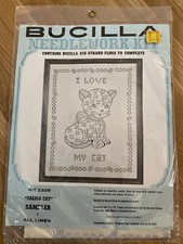 Bucilla Needlework Kit Calico Cat Sampler Linen I Love My Cat 2328