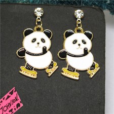 Hot Fashion White Enamel Cute Panda Skate Crystal Women Stand Jewelry Earrings