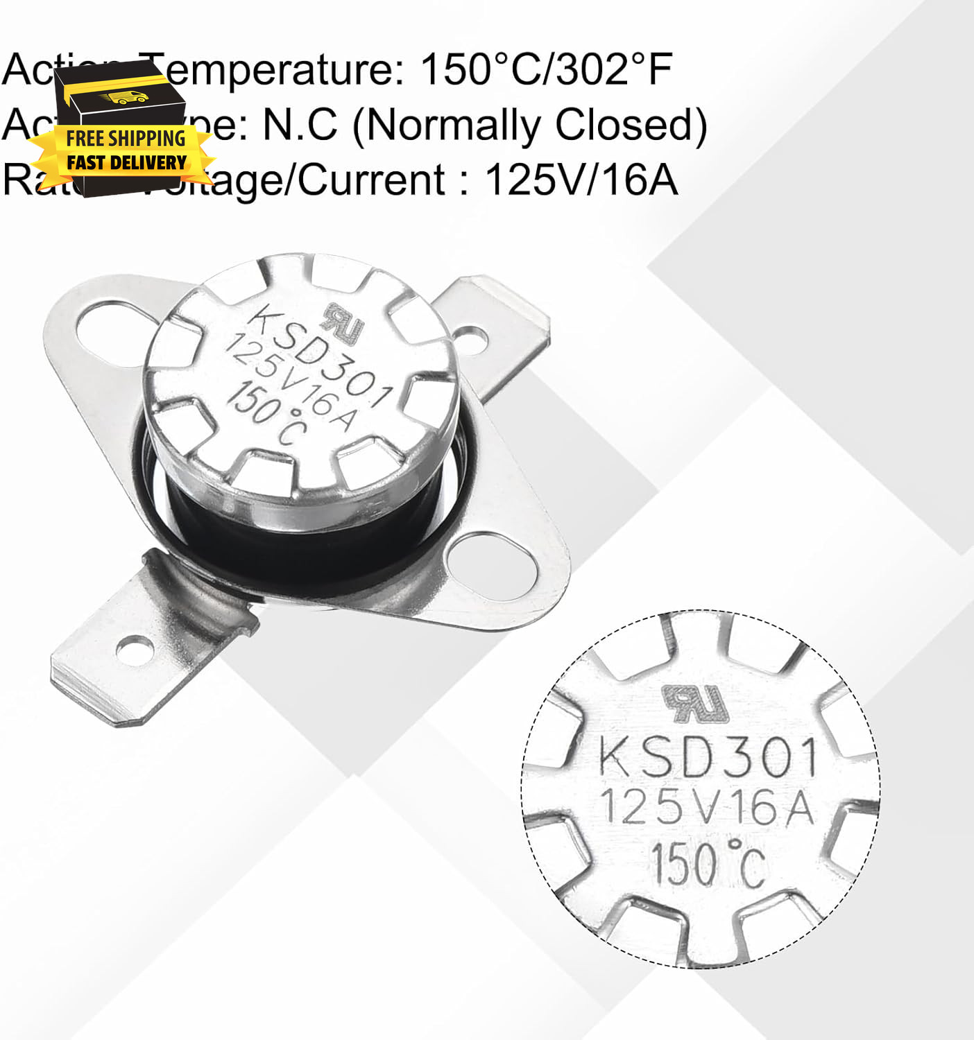 2Pcs KSD301 Thermostat 150&deg;C/302&deg;F 16A Normally Closed N.C Adjust Snap Disc Temp