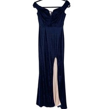 City Studios Juniors Size 5 Blue Velvet Off The Shoulder Gown Dress Split V Neck