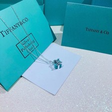 Tiffany & Co. Sterling Silver Blue Enamel Gift Box Pendant Fashion Necklace