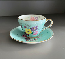 Vintage Demitasse Cup & Saucer, Hand-Painted Turquoise Florals - 80ml