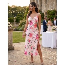 Pink Floral Satin Cowl Neck Slip Midi Dress with Side Slit S Wedding Guest