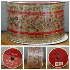 VTG Celebrate It Wired Christmas Ribbon Glitter Gold Red Berries Holly Green NEW