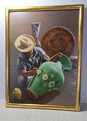 Vtg Mexican Spanish Oil Painting On Board Signed Segura Man Painting Pottery 