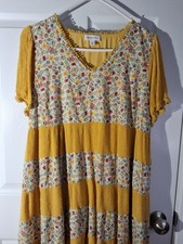 Gold Floral Print Tiered Ruffle Hem Pompom Trim Dress Sz LG Boho Cottagecore 