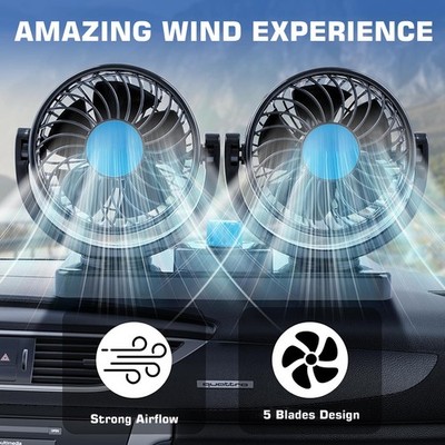 12V Dual Head Car Fan Portable Vehicle Truck 360° Rotatable Auto Cooling Cooler