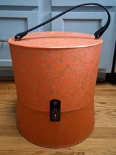 Vtg Orange Retro Luggage Round Hat Box Overnight Train Case 