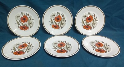 Sechs Vintage J&G Meakin Teeteller im Mohn-Design - 7 cm Durchmesser