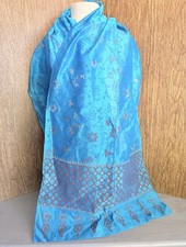 NOVICA India Traditional Dupatta Style Cotton Silk Scarf Gold Teal Paisley 21x77