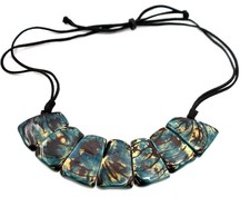 Tagua Nut Necklace Teal Brown Statement Chunky Adjustable Cord Eco Jewelry 26 in