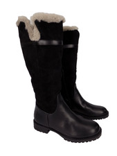 Knee High Warm Lined Boots Womens UK 5 Black Faux Leather Suede Low Heel Chunky