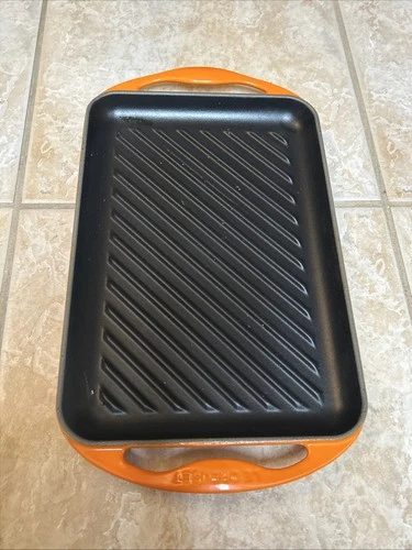 Le Creuset Griddle Grill Pan Cast Iron Enamel Rectangle Orange  9"X 12"