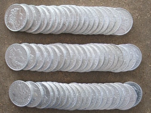 THREE ROLLS 1921 P,D,S MORGAN SILVER DOLLARS..CH/GEM BU