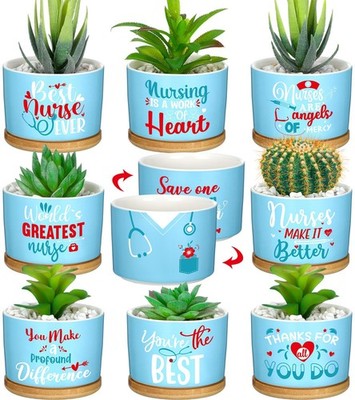 Domensi 9 Pcs Nurse Appreciation Gifts Ceramic Succulent Plant Pot with Bambo...