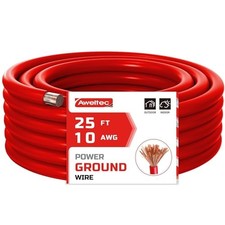 Wire, 25 Feet Power Ground Cable, Primary Automotive Wire, Copper 10 Gauge Red