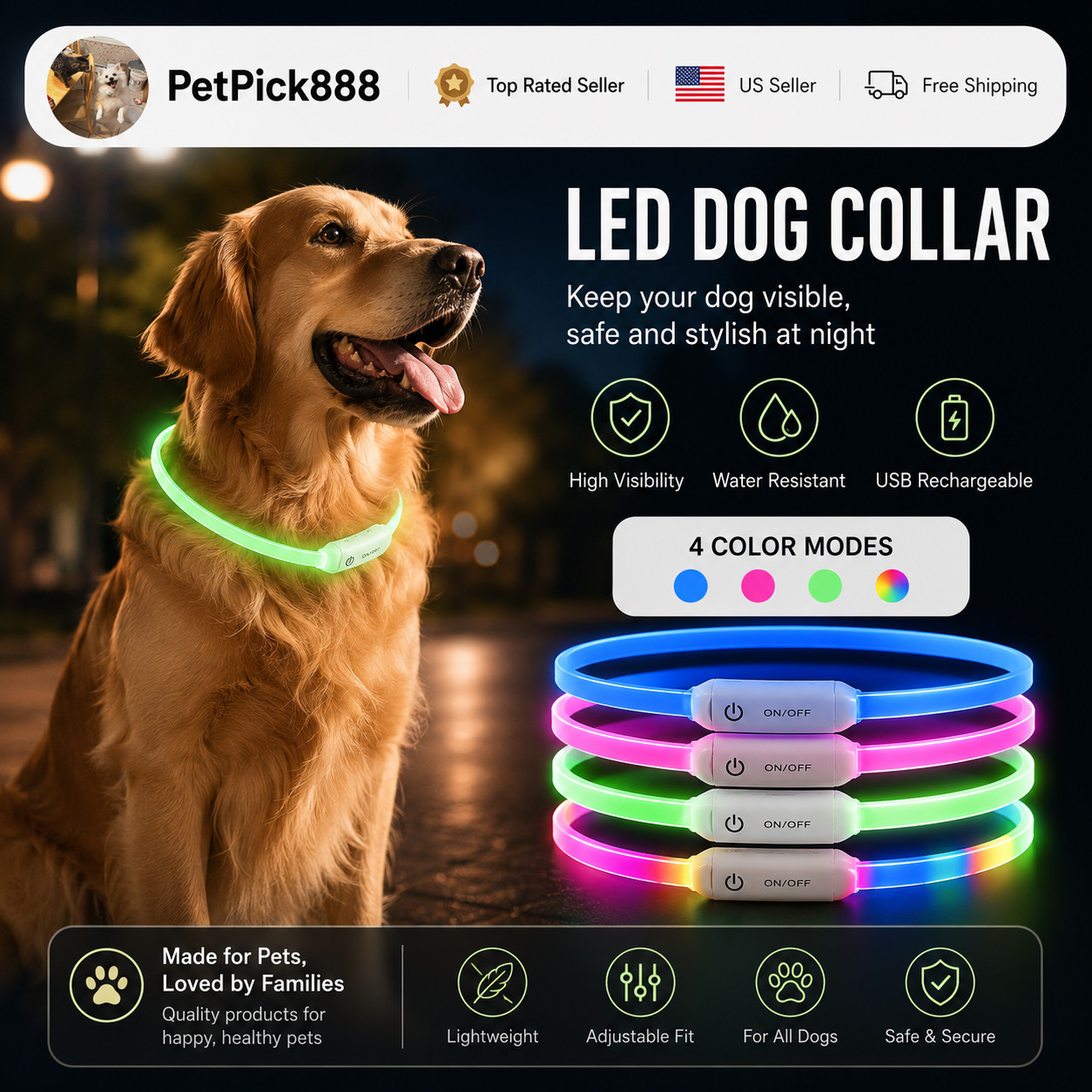 RECHARGEABLE LED Light-up Flash GLOW COLLAR Dog Pet Safety MICRO USB adjustable