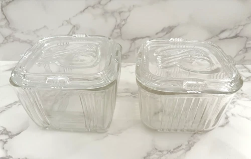 Vintage Refrigerator Dish Ribbed Federal Glass Containers w/Lids Pair/2 Vegetabl