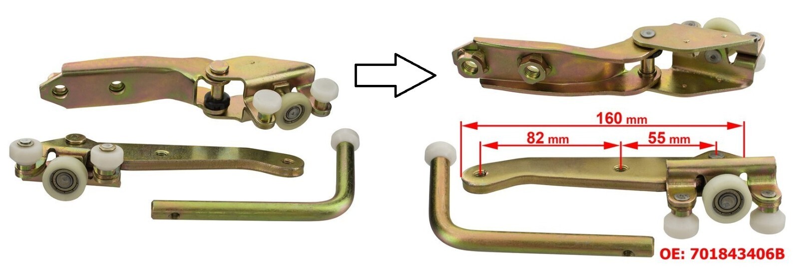 Rouleau de guidage droit pour porte coulissante de VW T4 de 1990 à 2004