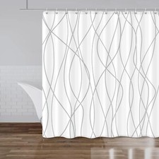 Grey and White Striped Fabric Shower Curtain for Bathroom with 14 Hooks Showe...