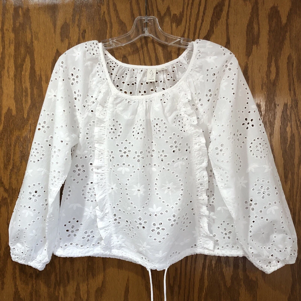 Pullover Joie Blanco Encaje Ojales Floral Bordado con Volantes Manga Larga XS
