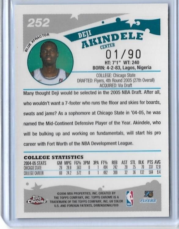 2005-06 TOPPS CHROME DEJI AKINDELE BLUE XFRACTOR ROOKIE CARD #252