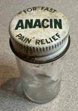 Vintage Glass Anacin Bottle with Metal Screw Lid Approximately 2 3/4" x 1 1/4"