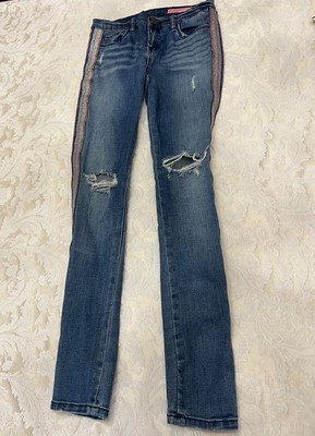BlankNYC Jeans Girls Skinny Distressed Metallic Striped Sides Size 14