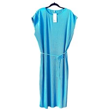 Uniqlo Pleat Shift Dress Women XL Blue Turquoise Column Mid Length Sleeveless