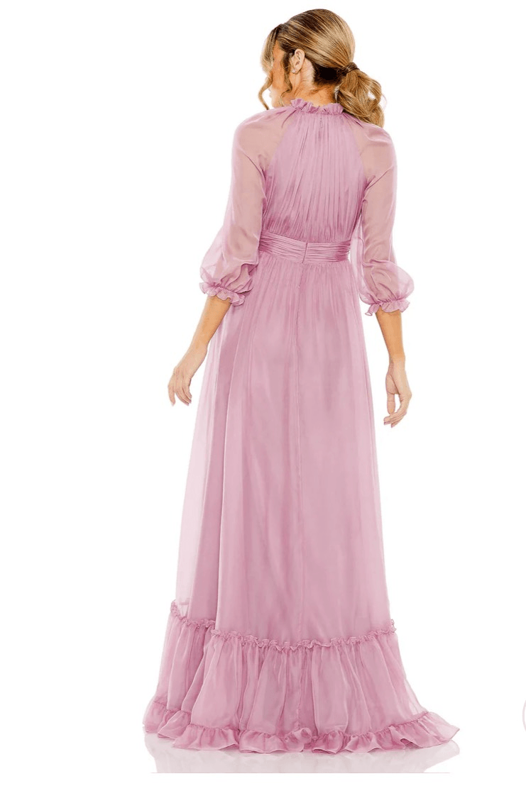 mac duggal ruffled high-neck raglan-sleeve printed chiffon dress Mac Duggal CHIFFON RUCHED ILLUSION RAGLAN SLEEVE RUFFLED GOWN