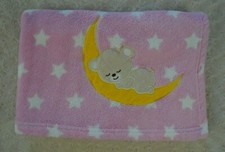 Teddy Bear Sleeping in Moon Baby Blanket Pink White Stars Yellow