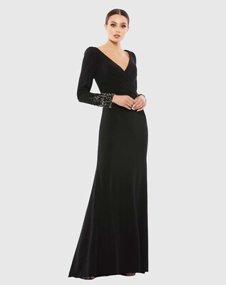 NWT $498 Mac Duggal Beaded Cuff Long Sleeve Wrap Over Trumpet Gown Sz 18 55712