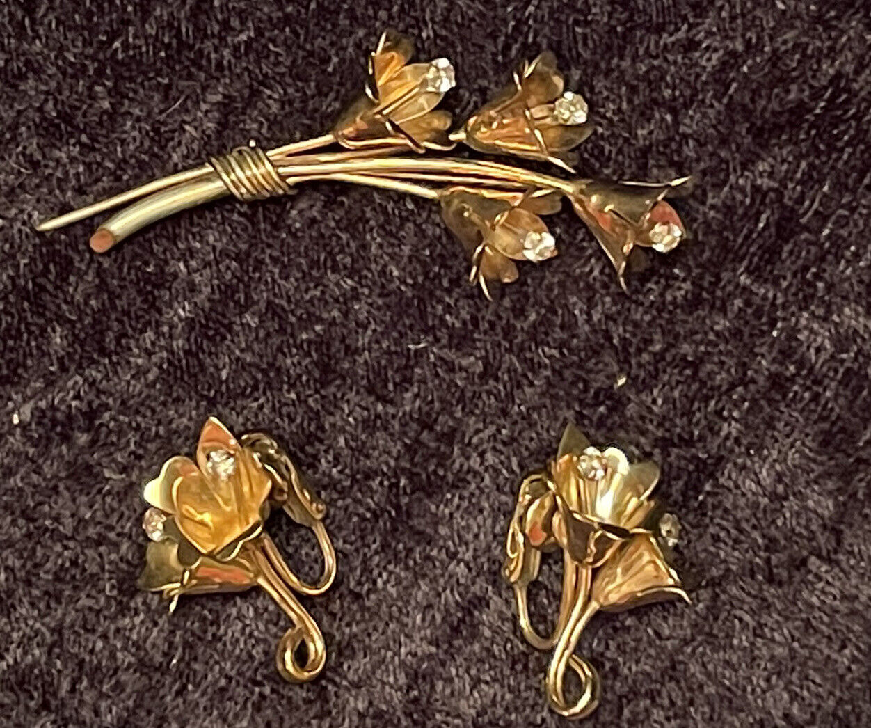 Vintage WINARD Brooch & Earrings Set 12k Gold Filled Rhinestones Floral Pin