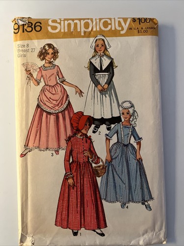 Simplicity 9136 Pilgram 1800s Costumes Dress Girls Size 8 Vintage Simplicity 9136 Pilgram 1800s Costumes Dress Girls Size 8 Vintage