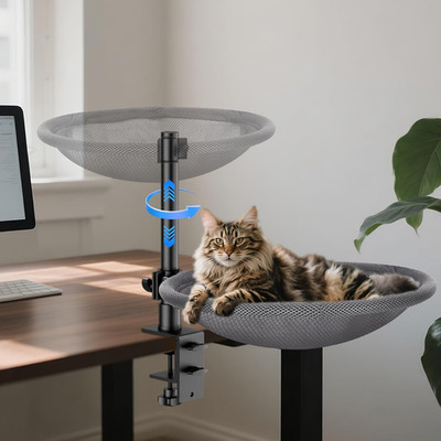 Soft Mesh Cat Desk Bed & Perch - Adjustable Hammock for Home Office (Grey)