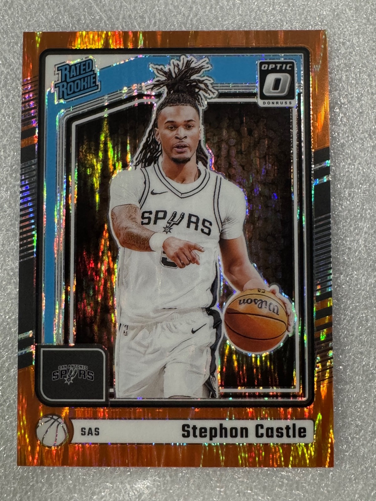 2024-25 Optic Stephon Castle Rated Rookie #254 Orange Shock Prizm 225/225 RC.