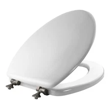 MAYFAIR Elongated Toilet Seat with Brushed Nickel Hinges Plastic White