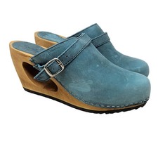 Sanita 39 Blue Leather Wooden Cut Out Blue Clog Twee Boho Cottage Wedge Casual