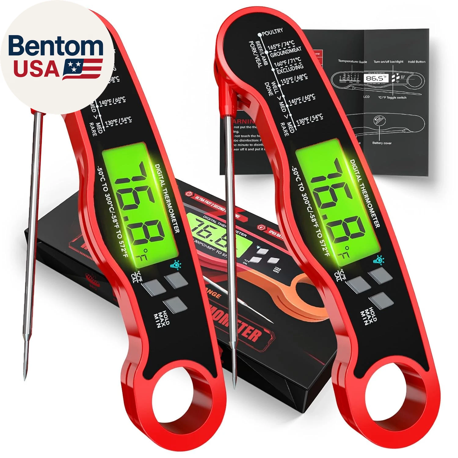 2Pack Digital Meat Thermometer with Doneness Chart, 2-Sec Instant Read Food Ther
