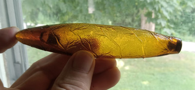 1890s HAND ROLLED CIGAR FIGURAL POCKET WHISKEY NIPPER FLASK HAND BLOWN W/CORK