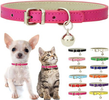 Hot Pink XXS Dog Collar with Bell, Soft Pu Leather Cat Collars Adjustable Buckle