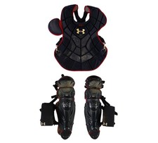 Evan Gattis Signed Game Used Red & Navy Under Armor Catchers Gear -2014 Game Use