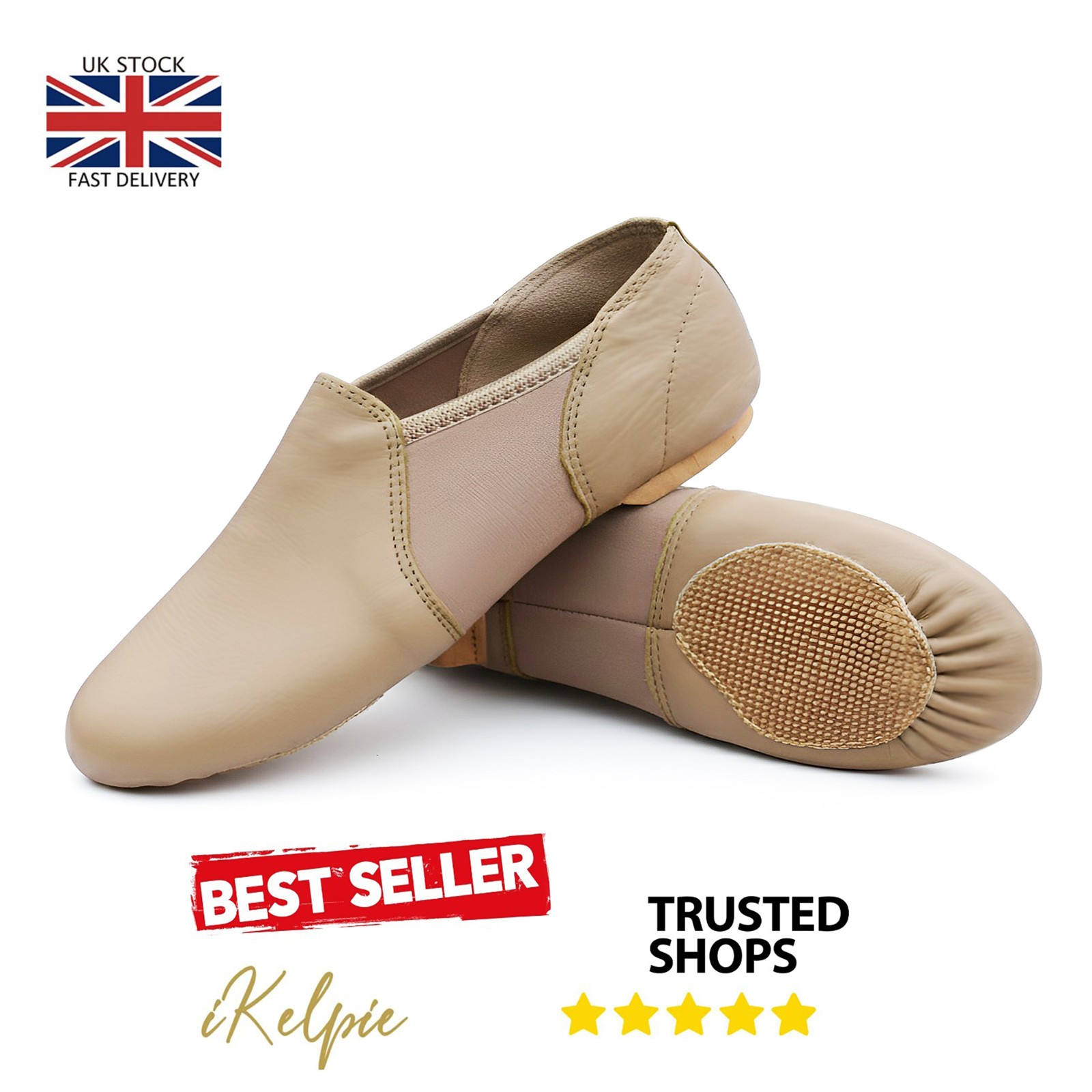 Zapatos de baile de jazz iKelpie® SLIP ON cuero bronceado neopreno suela dividida tacón de goma