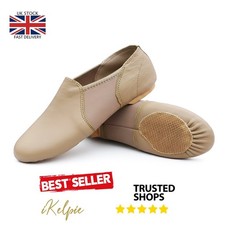 iKelpie® SLIP ON Jazz Dance Shoes TAN Leather Neoprene Split Sole Rubber Heel