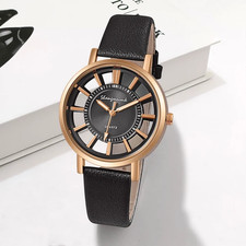 Damenuhr neu Armbanduhr Watsch Quarz Uhr Leder schwarz Goldrose Sichtbode Analog