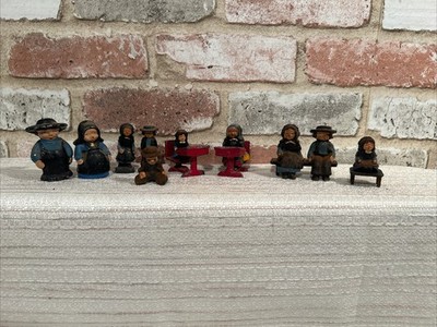 Vintage Miniature Cast Iron Amish Figurines~School Desks~Benches~S&P Shakers
