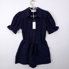 Petal and Pup Riley Waist Tie Romper Womens XS Navy Blue Cotton Puff Sleeve New — photo 1