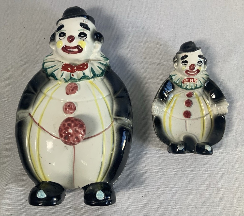 Vintage Mid Century Ceramic Clown Lidded Jar & Figurine Set Japan Kitsch